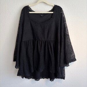 Torrid Lace Babydoll Top Sz 3 Black Sheer Whimsigoth Bell Sleeve Goth
